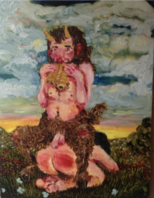 ANDRE ETHIER   (1977-            ) Canadian 
Titled: Untitled (Satyr plays flute), 2004
Medium: Oil on board
Size:  12” x 9” (30.5 x 22.9cm)
Signed and dated verso