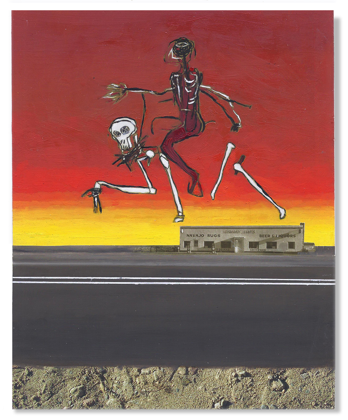 Jen Michel Basquait Rides with Death over Ed Ruscha's Rimmi Jim's Chevron